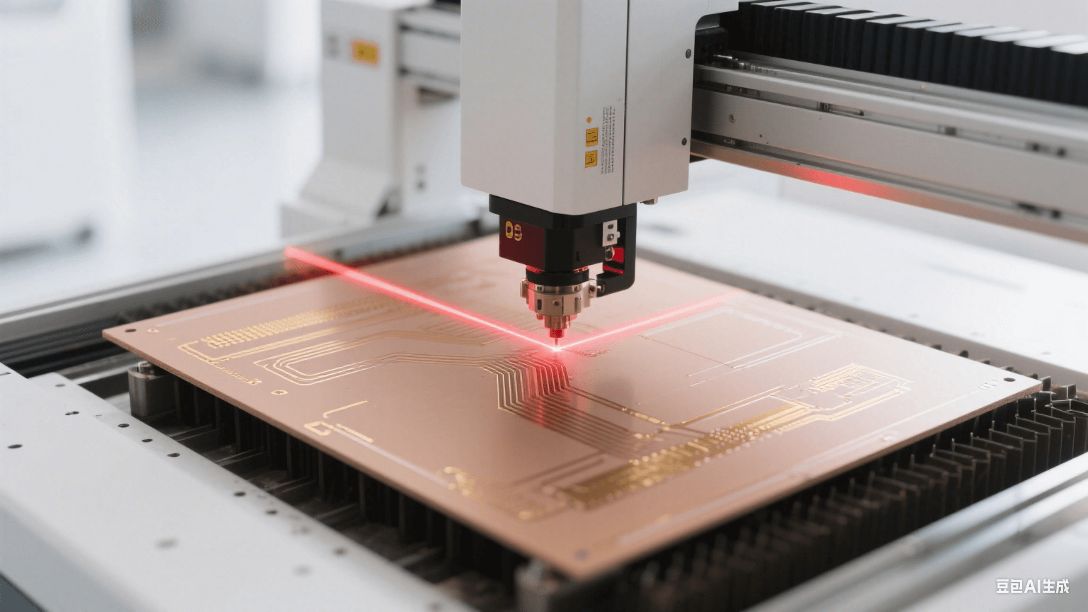 毫米波 PCB 制造场景：激光直绘设备用红色激光加工浅棕色板材，表面有亮金色铜质线路