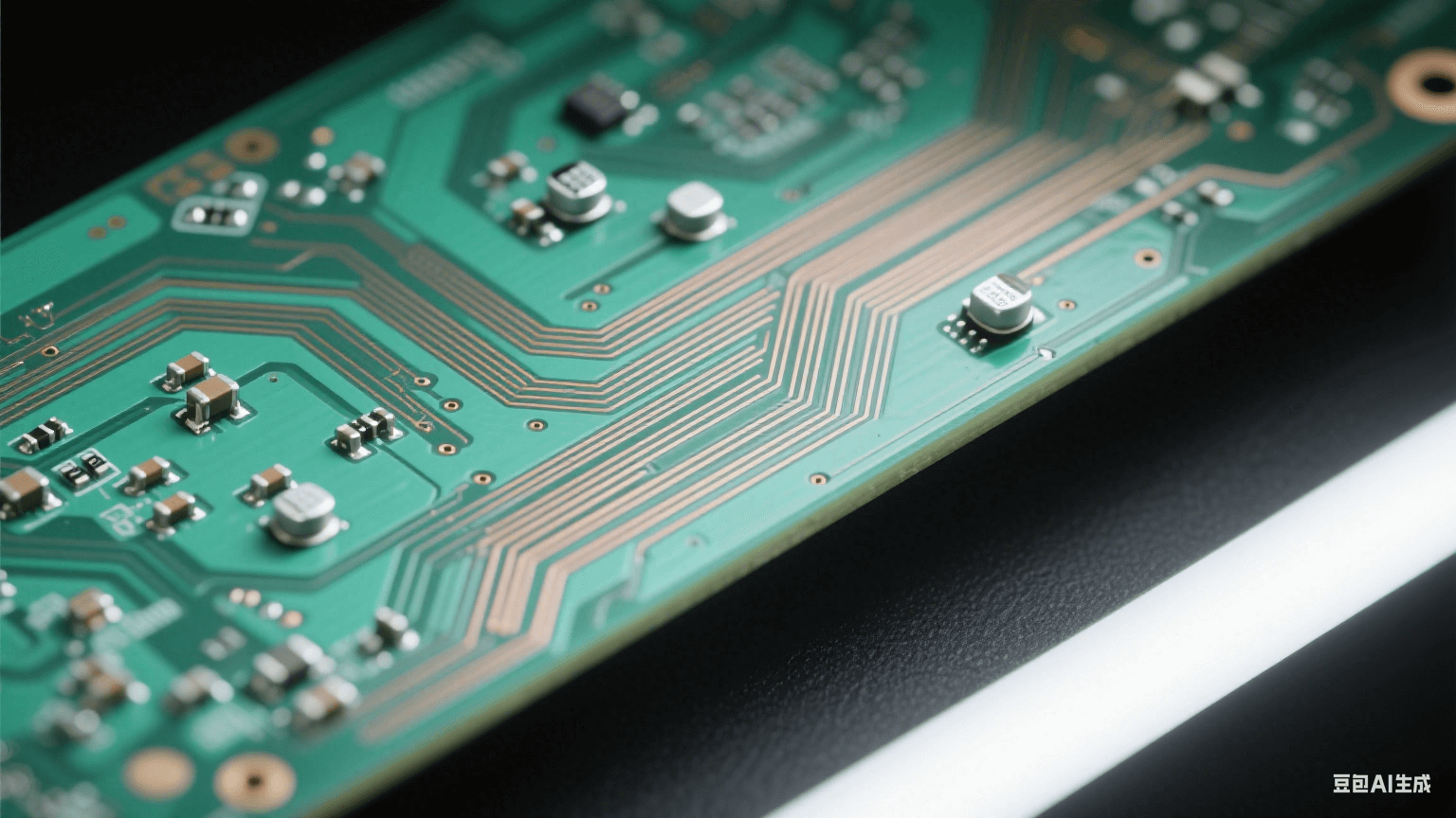 高性能计算芯片 PCB 板细节：淡绿色板体布满纤细铜色差分传输线（转折平滑）
